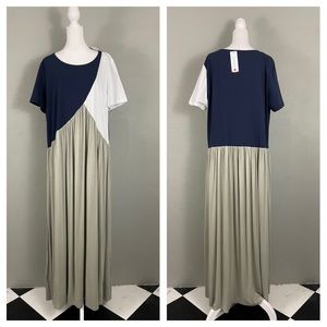 NEW Floryday 2XL Maxi Dress Jersey Knit Short Sleeve Navy Beige White Colorblock